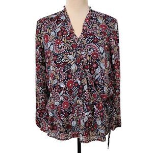 Liz Claiborne Size PS Navy Floral Blouse, Tie Waist, Faux Wrap, V Neck, NEW